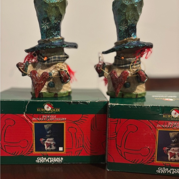 Kurt Adler Snowfolk Snowman Candle Holder, Hearts, 6.5 tall With Boxes Set Of 2 - Picture 2 of 5